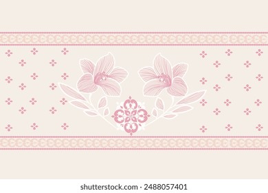 Pink floral themed fabric pattern,  and ethnic style embroidery for clothing texture, wrapping, carpet decoration.
