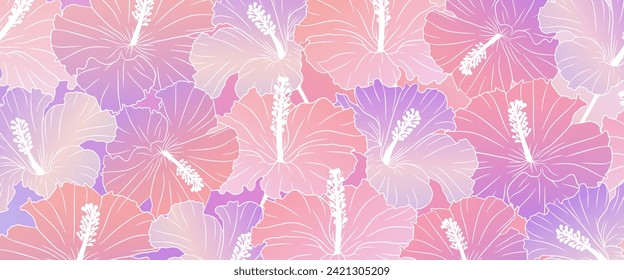 Pink floral vector background with hibiscus flowers. Floral card, cover, wallpaper.