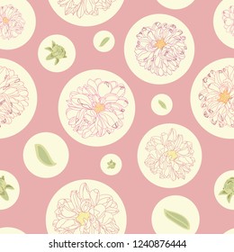 Pink floral vector pattern with cream dahlia and circles.
