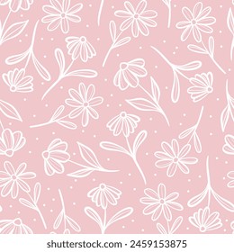 Pink floral vector pattern cute pastel flower print with daisies, repeating wallpaper