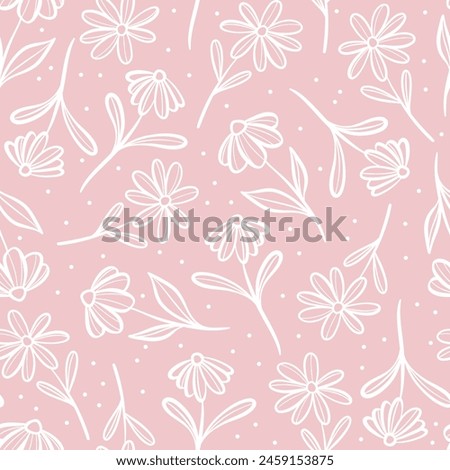 Pink floral vector pattern cute pastel flower print with daisies, repeating wallpaper