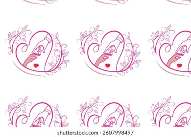 Pink floral vector pattern with heart swirls, a spring wedding card design