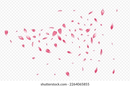 Fondo transparente del vector floral rosado. Tarjeta fresca Confetti. Fondo de Invitación al Corazón. Textura de fondo de escritorio de Sakura. Patrón de vuelo de flor brillante.