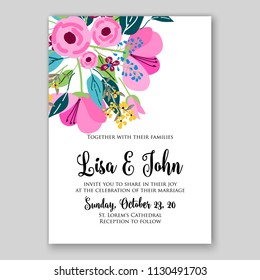 Pink Floral wedding invitation card template Watercolor flowers peony anemone dahlia rose 