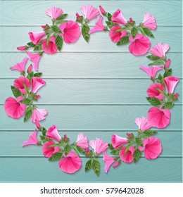 Pink floral wreath. Vector illustration on wooden background for greeting card, poster or leaflet.