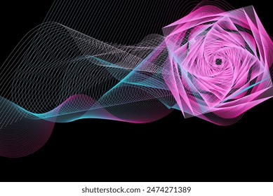 Pink flower with abstract blue line on the dark background 