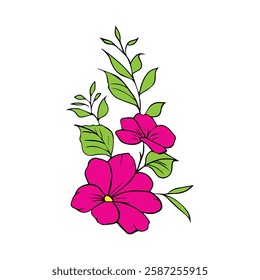 Pink flower  art design. Vector illustration. Flower branch with green leaf  and bud in the white background. Elegant, easy to edit and customize for your print, flyer, wallpaper, decorative purpose.
