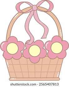 Pink Flower in Basket. Simple Cute Style Illustration.