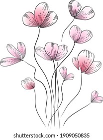 Pink flower with black lines on white background. Hand drawn vector illustration