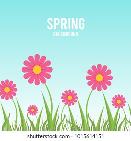 Pink Flower and Blade of Grass with a Sky Blue Spring Background