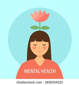  Pink flower bloom on female head in flat design. Mental health concept vector illustration. World mental health day. Psychological therapy and treatment.