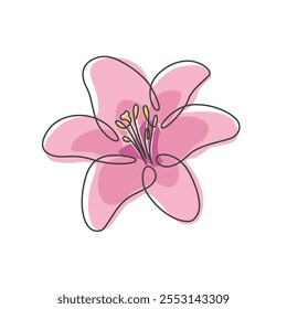 Pink flower bloom one line drawing. Pink flower bloom single line illustration. Pink flower bloom minimalist line art