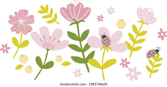 Pink Flower Blossom and Ladybug with Green Leaves Set Vector Illustration