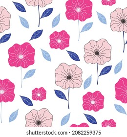 Pink flower and blue leaf seamless pattern