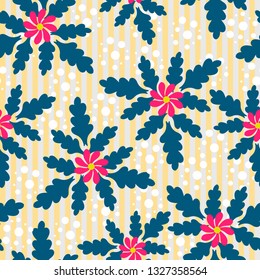 pink flower with blue leaves on a linear background with white dots