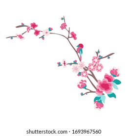 Pink flower bouquet with bird vector design illustration  - Shutterstock ID 1693967560