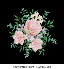 Pink flower bouquet. Spring greenery pattern isolated on black background. Vector romantic floral composition for greeting, birthday cards, wedding invitation, posters, textile prints.