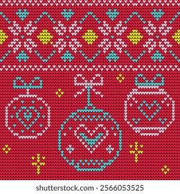 Pink Flower and Bow Crochet Ball Pattern for Valentine's Day Red Background Seamless Sweater Texture
