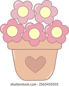 Pink Flower in Brown Pot. Simple Cute Style Illustration.
