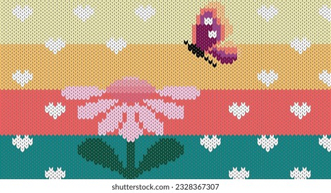Pink flower and butterfly on vintage background knitting pattern, Festive Sweater Design. Seamless Knitted Pattern