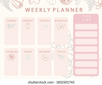 Pink flower calendar planner with rose,jasmine,leaves.Can use for printable,scrapbook,diary