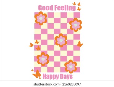 pink flower and checkered hand drawn design stay groovy vector hand drawn 