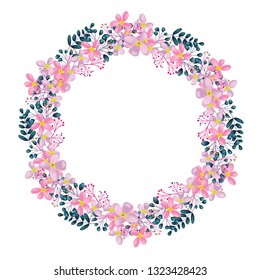 Pink flower circle frame with leaf. Floral rounded border. Spring and summer greeting card. Available for wedding invitation and decoration element.