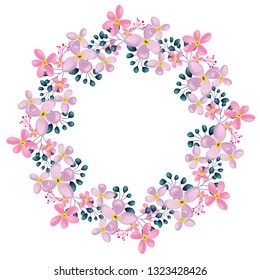 Pink flower circle frame with leaf. Floral rounded border. Spring and summer greeting card. Available for wedding invitation and decoration element.