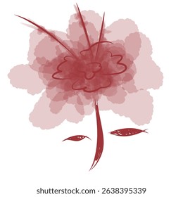 A pink flower with cloud-like petals, a stem forming the nose, and two leaves resembling eyes, creating a subtly hidden face.