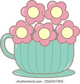 Pink Flower in Cup. Simple Cute Style Illustration.