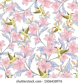 Pink flower and cute bird in the garden. illustration vector doodle comic art.