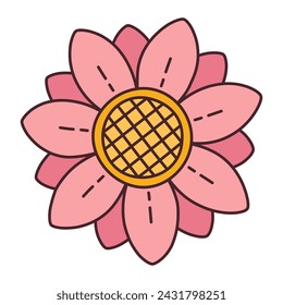 Pink flower. Doodle style isolated on white background. Spring summer seasons design element. Perfect For Poster Invitation Tshirt Print or Greeting Card. Trendy flat vector illustration 