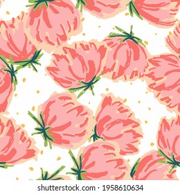 Pink Flower Drawn Vector Seamless Pattern. Blossom Valentine Illustration. Red and Blue Abstract Watercolor Paper Texture. Rose Decorative Template.