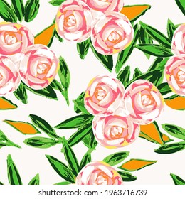 Pink Flower Drawn Vector Seamless Pattern. Blossom Fabric Background. Red Textile Marker Wallpaper. Tulip Decorative Design.