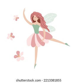 Pink Flower Fairy with flowers isolated on a white background. A fairy-tale character. Vector illustration in hand-drawn style for decoration, postcards