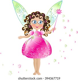 Pink flower fairy with magic wand and delicate openwork wings