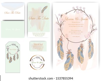 Pink Flower and feather Wedding card and tag illustration vector by free hand doodle floral art, watercolor technique by hand drawn