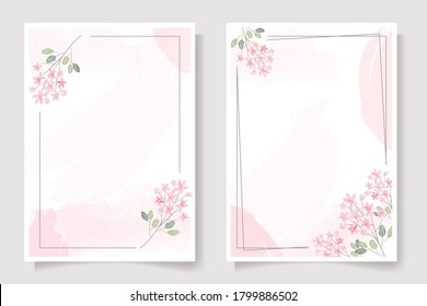 pink flower frame on pink watercolor splash background wedding invitation or birthday greeting card template collection