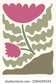 Pink flower framed art print hand drawn leaves shapes matisse style, naive art, contemporary background