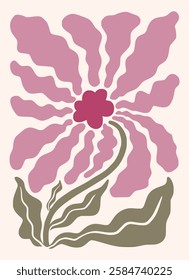 Pink flower framed art print hand drawn leaves shapes matisse style, naive art, contemporary background