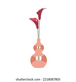 Pink flower in glass vase or bottle, interior design element. Vector spring or summer flower in striped jug, natural elegant bud in pitcher pot