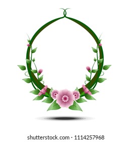 pink flower and green leaf circle frame vector