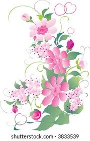 pink flower and green leaf ornament on white background