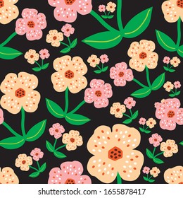 Pink flower with green leaf seamless pattern vector for wallpaper, wrapping and textile on black background. Flower with dots endless fabric. Contemporary colorful botanical hand drawn illustration.  