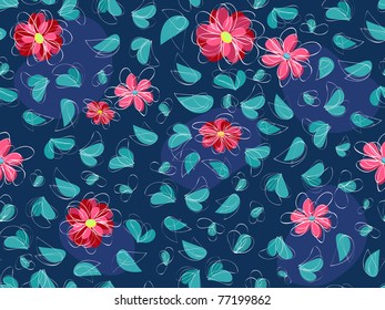 pink flower and green leaf at seamless pattern background on dark blue backdrop