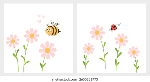 Flor rosa com folhas verdes, desenhos de abelhas, corações voadores e joaninha isolada no vetor de fundo branco.  