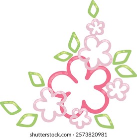 pink flower and green leaves conner flat design illustration for romance, wedding and spring seasonal.