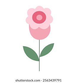 A pink flower with green leaves. The flower is the main focus of the image. The flower is drawn in a simple and clean style