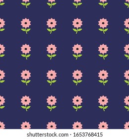 Pink flower with green leaves seamless pattern vector for wallpaper, wrapping, textile and bags. floral endless fabric on deep blue background in paper cut style. Contemporary botanical texture.
