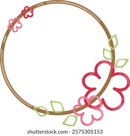 pink flower and green leaves wreath flat design illustration for romance, wedding and spring seasonal.
